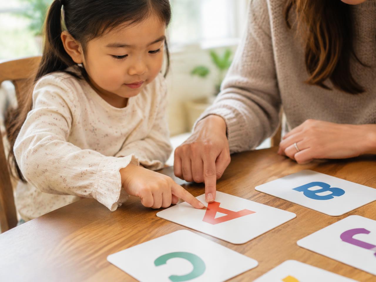 Professora orientando uma criança a apontar cartões com letras do alfabeto sobre uma mesa, em sessão de alfabetização.